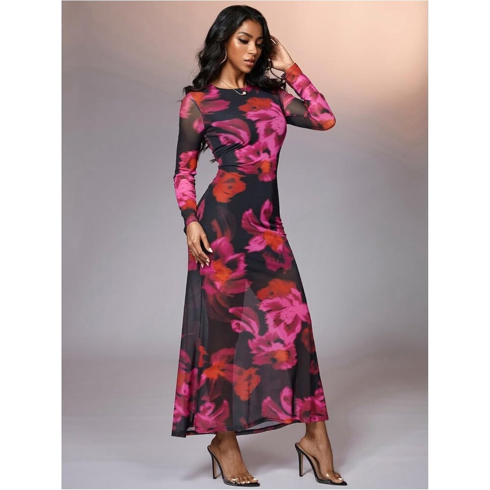 Women's Pink Floral Mesh Maxi Dress Elegant Long Sleeve Spring Cocktail - Picture 3 of 5
